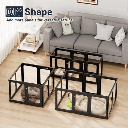 Acrylic Dog Playpen Indoor, 8 PCS Plastic Puppy Playpen with Door, Clear PlayPen for Dog Cat Rabbit Ferret, Easy Assemble Pen, Preferable Small Cage, Black, 33.5" L x 33.5" W x 24" H