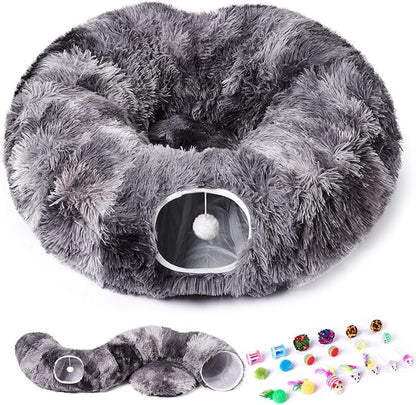 Odoland Cat Tunnel Bed with 20 Cat Toys - Indoor Plush Kitten Couch,Detachable Cats Cave Donut Tunnel & Soft Kitten Toy Set-Cozy Cat Furniture Black