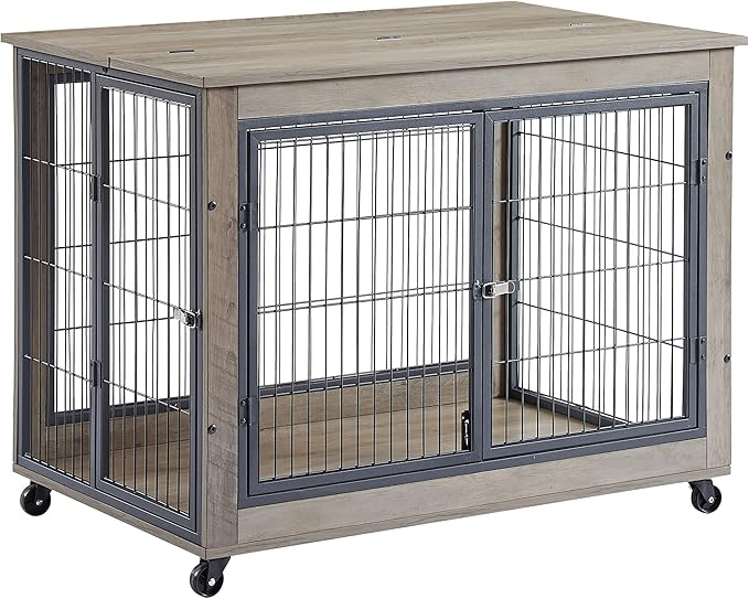 KEIKI Dog Crate Furniture, 43" Iron Dog Crate with Side Openings, Double-Door Dog House for Small/Medium/Large Dog, Grey