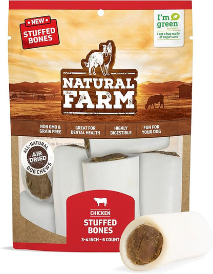 Natural Farm Chicken Filled Bones (3-4 Inch, 6 Pack), Limited Ingredient, Natural Stuffed Dental Dog Bone Treats for Dogs, Made with Real Chicken