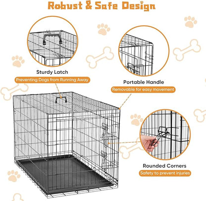 DUMOS Dog Crate, 48 Inch Extra Large Double Door Dog Cage with Divider Panel and Plastic Leak-Proof Pan Tray, Folding Metal Wire Pet Kennel for Indoor, Outdoor, Travel