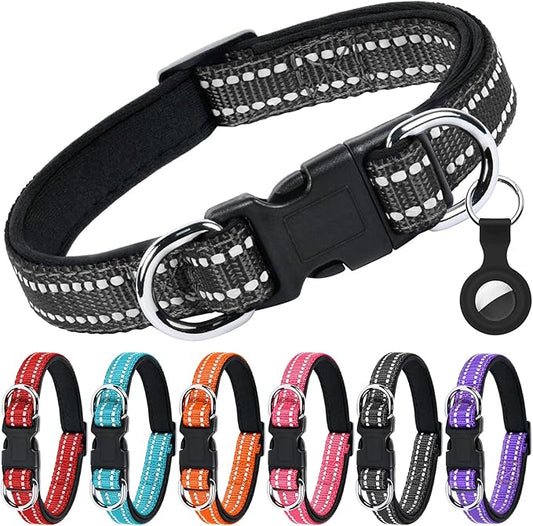 AUAUY Reflective Nylon Dog Collars, Adjustable Classic Pet Collars with Soft Neoprene Padding, Double Security Dual D-Ring and Quick Release Buckle for Small Puppy, Medium and Large Dogs (Black-S)