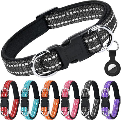AUAUY Reflective Nylon Dog Collars, Adjustable Classic Pet Collars with Soft Neoprene Padding, Double Security Dual D-Ring and Quick Release Buckle for Small Puppy, Medium and Large Dogs (Black-M)