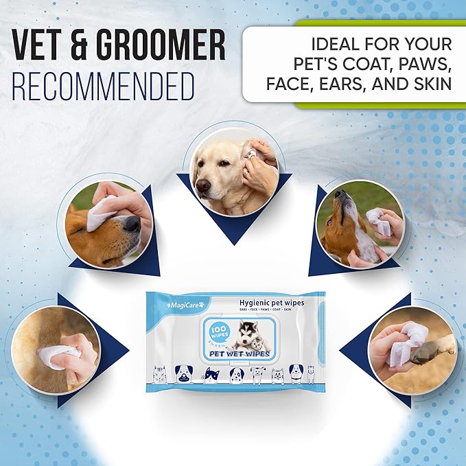 MAGICARE Pet Wipes  100 pcs Dog Wipes  8x8 Inch Unscented Dog Paw Cleaner Wipes for Body, Ears, Face, and Skin  Ultra Thick and Soft with Hypoallergenic Formula  Ideal Pet Wipes for Dogs & Cats