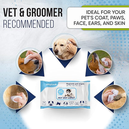 MAGICARE Pet Wipes  100 pcs Dog Wipes  8x8 Inch Unscented Dog Paw Cleaner Wipes for Body, Ears, Face, and Skin  Ultra Thick and Soft with Hypoallergenic Formula  Ideal Pet Wipes for Dogs & Cats