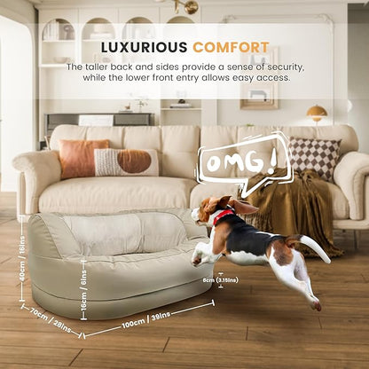 Calming Dog Bed for Large Medium Dogs, XXL 16" Depth High Sides Cuddler Large Dog Couch Bed Oval Anti Anxiety Dog Bed with Head Support - Supportive Foam and Soft Cotton, Beige