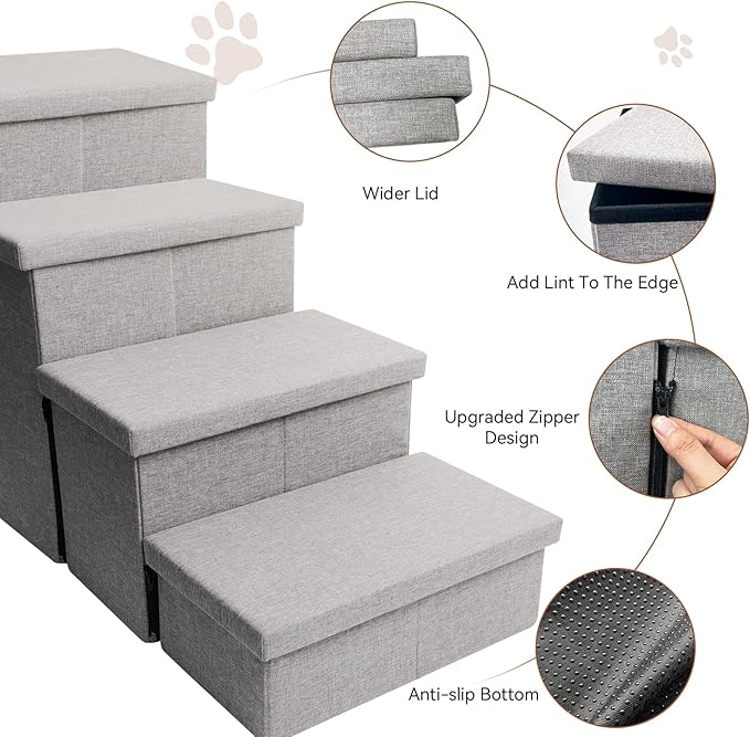 Dog Stairs with Storage 23" H, 4-Step Wider Dog Steps for High Beds Window, Folding Sturdy Pet Stairs Gift for Small/Medium/Large Dogs Cats, Dog Ramp for Climbing Car Hold Up to 200 lbs, Smok Gray