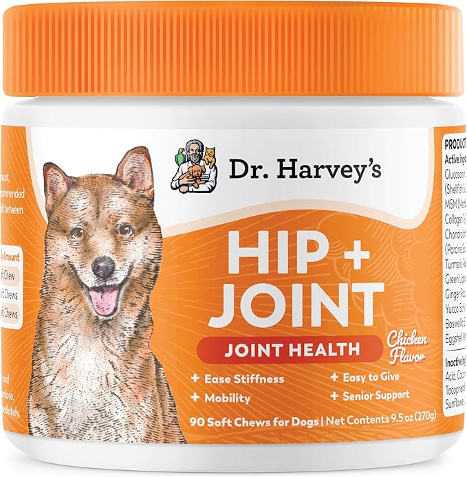 Dr. Harvey's Hip & Joint Soft Chews for Dogs, Daily Mobility Supplement Chewable Bites for Dogs with Glucosamine, Chondroitin & MSM, Green Lipped Mussel, Chicken Flavor (90 Chews)
