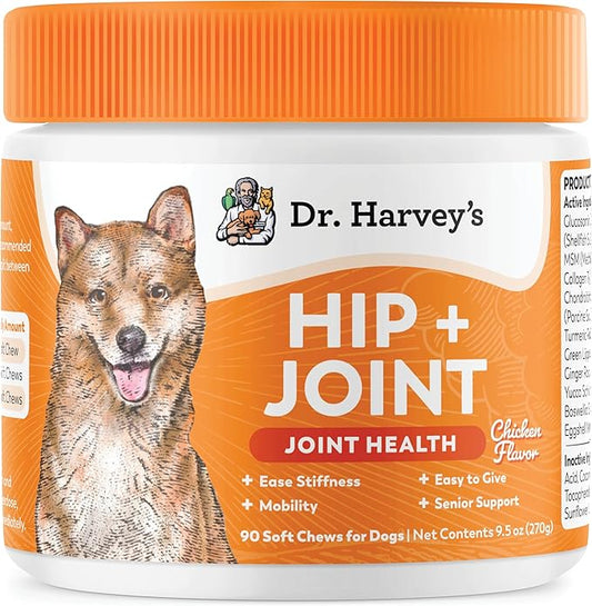 Dr. Harvey's Hip & Joint Soft Chews for Dogs, Daily Mobility Supplement Chewable Bites for Dogs with Glucosamine, Chondroitin & MSM, Green Lipped Mussel, Chicken Flavor (90 Chews)