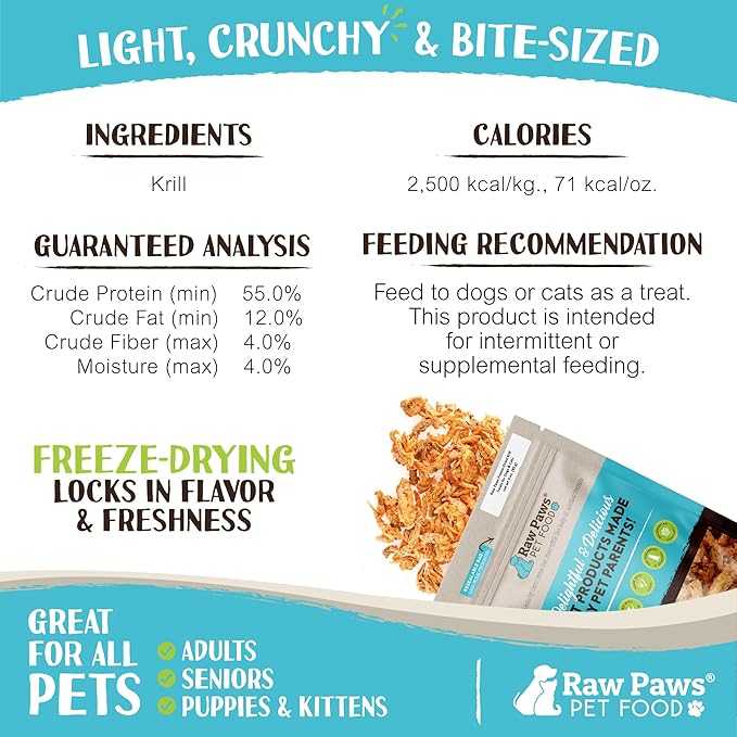 Raw Paws Freeze-Dried Krill Treats for Dogs & Cats, 3-oz - Naturally Contains Krill Oil for Dogs, Omega 3 for Dogs, Shrimp for Dogs - Freeze Dried Krill Fish Food for Aquatic Fish, Turtles, & Reptiles