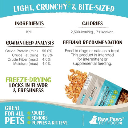 Raw Paws Freeze-Dried Krill Treats for Dogs & Cats, 3-oz - Naturally Contains Krill Oil for Dogs, Omega 3 for Dogs, Shrimp for Dogs - Freeze Dried Krill Fish Food for Aquatic Fish, Turtles, & Reptiles