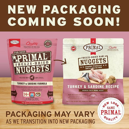 Primal Freeze Dried Raw Dog Food Nuggets, Turkey & Sardine, Complete & Balanced Meal, Also Use as Topper or Treat, Premium, Healthy, Grain Free, High Protein Raw Dog Food, 5.5 oz