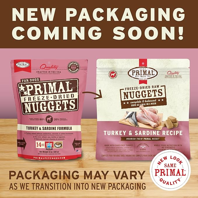 Primal Freeze Dried Raw Dog Food Nuggets, Turkey & Sardine, Complete & Balanced Meal, Also Use as Topper or Treat, Premium, Healthy, Grain Free, High Protein Raw Dog Food, 14 oz (Pack of 2)
