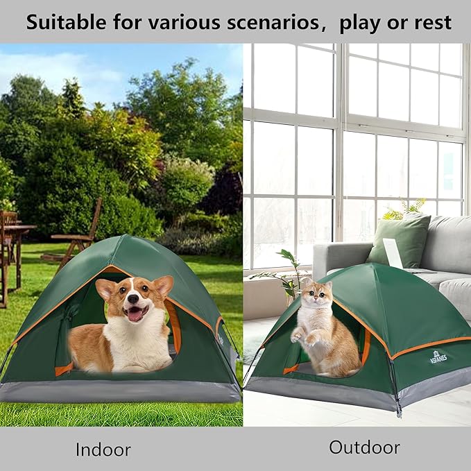 Outdoor Waterproof Pet Camping Tent, Cave Bed for Indoor Cats and Small Dogs, Portable Cat House Dog House, 29.5x29.5x18.9'', Green, M.