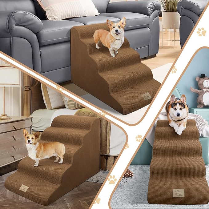 Mestuel Dog Stairs for High Bed 22.8'' H, 5 Steps Dogs Stairs for Bed, Pet Stairs for Small Large Dogs to Couch, Pet Ladder with High Density Foam, Non-Slip Balanced Dog Ramp, Brown