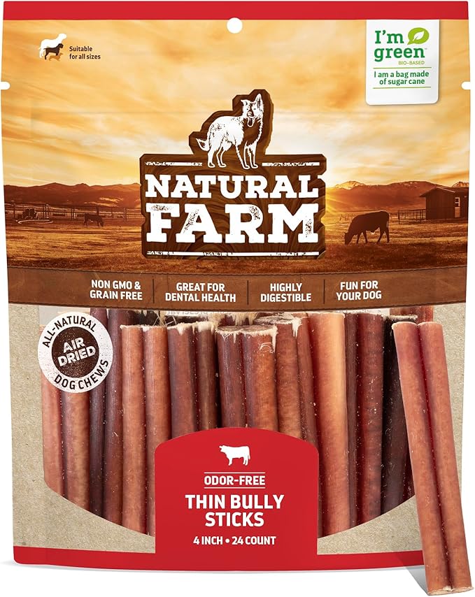 Natural Farm Odor-Free Thin Bully Sticks (4, 24-Pack) All-Natural Long-Lasting Dog Chews, 100% Beef Pizzle, Grass-Fed, Grain-Free, Protein for Muscle Development & Energy, Perfect for Small Dogs