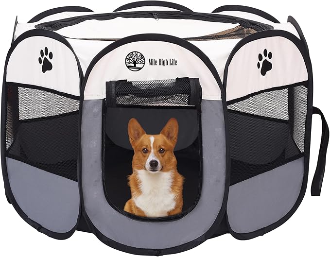 Mile High Life | Foldable Dog Playpen | Portable Dog Crate w Removable Shade Cover | Dog Kennel Indoor/Outdoor w Carry Case | Pen Tent for Dog/Cat/Rabbit(Gray, Large (45"x45"x23"))
