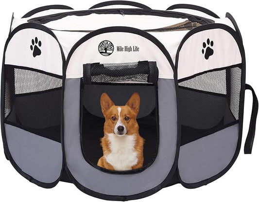 Mile High Life | Foldable Dog Playpen | Portable Dog Crate w Removable Shade Cover | Dog Kennel Indoor/Outdoor w Carry Case | Pen Tent for Dog/Cat/Rabbit(Gray, Large (45"x45"x23"))
