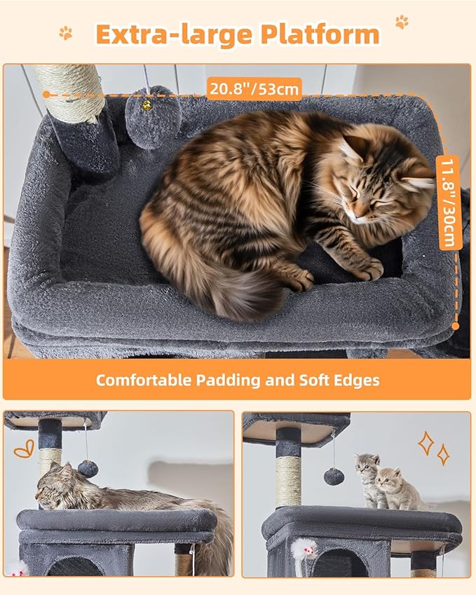 Taoqimiao Cat Tree, 77-Inch Cat Tower for Large Cats Multi-Level Cat Condos for Indoor Cats with 2 Condos, Extra-Lagre Platform, 2 Hanging Baskets, Hammock, 8 Scratching Posts, MS044G Smoke Gray