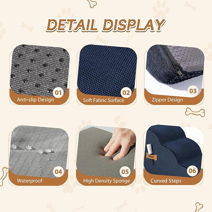 Romrol Dog Stairs Ramp for Beds Couches, Extra Wide Pet Steps with Durable Non-Slip Waterproof Fabric Cover, Pets Slope Stairs, 3-Tiers,Navy