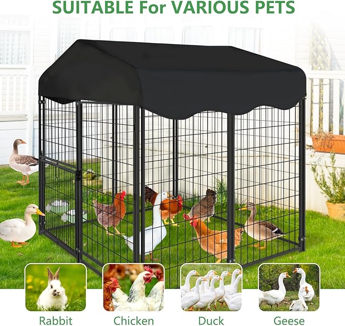 Dog Kennel Outdoor, Large Outside Dog Kennel with Rotating Feeding Door Outdoor Kennel with Roof, Dog Enclosures for Outside Metal Dog House with Cover Outside Dog Crate for Dogs, Rabbits, 2 Pack