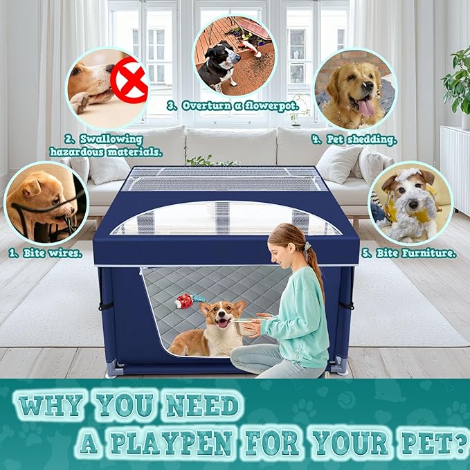 42x42 Inches Puppy Playpen with Cover&Dog Pads, Dog Playpen for Puppies or Small Dogs, Pet Playpen for Indoor & Outdoor, Sturdy Safety Dog Pen with Thickened Fabric