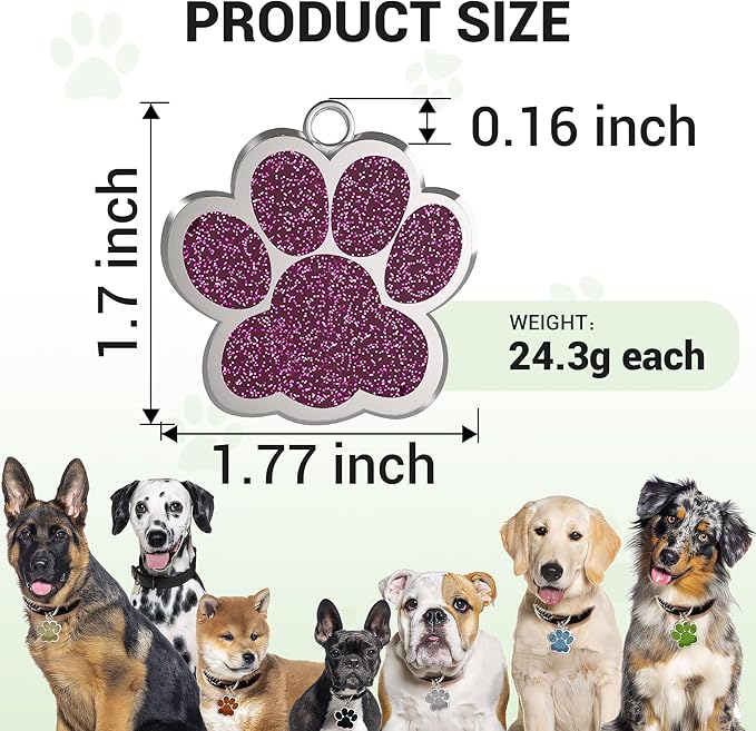 Dog Tags Personalized for Pets Glitter Paw Print Stainless Steel Dog Tag Cute Dog Name Tag Bulk Dog Tags for Wholesale (24 Pieces)