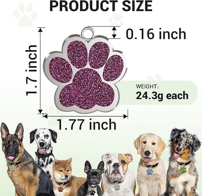 Dog Tags Personalized for Pets Glitter Paw Print Stainless Steel Dog Tag Cute Dog Name Tag Bulk Dog Tags for Wholesale (12 Pieces)
