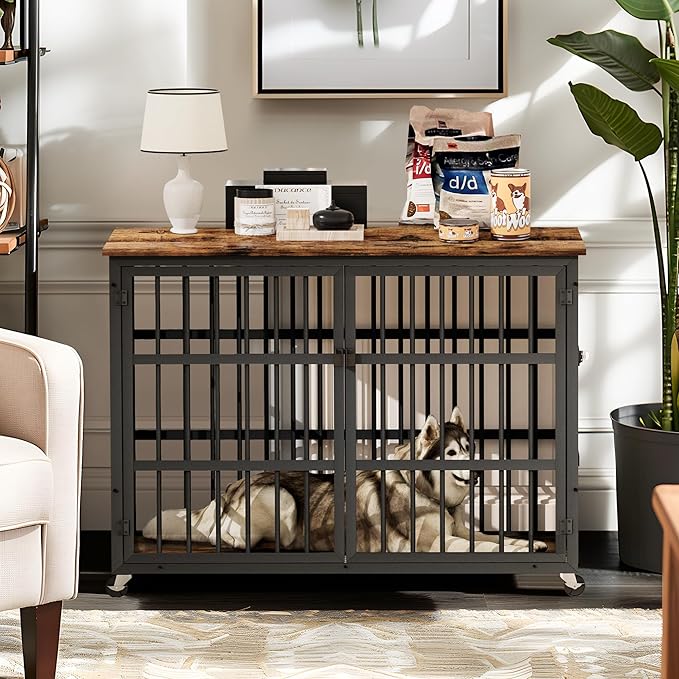 NicBex Dog Crate Furniture, 43.3" L With Double Doors, Wooden Indoor Kennel Flip-Top for Large Dogs, XL House, Rustic Brown