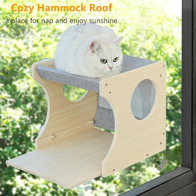 Window Cat Perch Shelves for Inside, Sturdy Wood Climbing Seat Mounted with Heavy Duty Suction Cups, Corner Window Bed for Overlooking and Sleeping(Left)