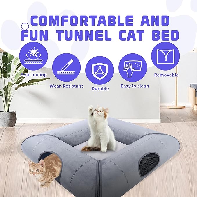 Indoor Cat Cave Bed, Sturdy and Scratch Resistant Removable Cat Tunnel Bed with Removable Soft Pad, Suitable for Small to Medium Cats (Gray)-1