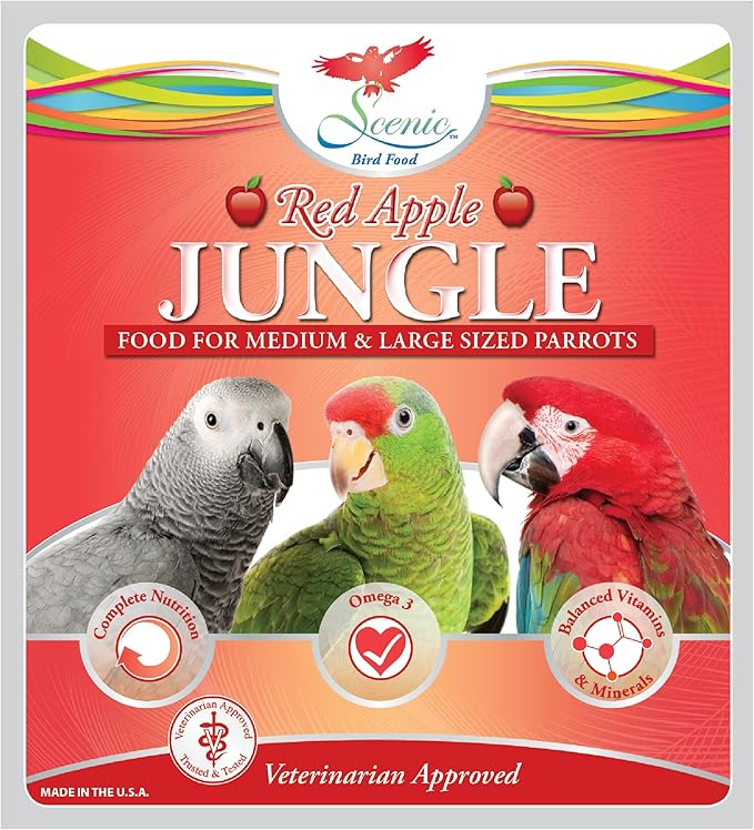 Scenic Apple Jungle Premium Parrot Food - Apple, Natural Flavors, High Protein, Low Iron Bird Pellets for Large Parrots, Macaw Food, Cockatoo & African Grey Parrots, Omega 3, Vitamins, Minerals, 1 LB