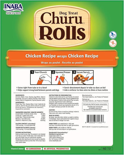 INABA Churu Rolls for Dogs, Soft & Chewy Baked Chicken Wrapped Filled Dog Treats with Vitamin E, 0.42 Ounces Each Stick, 64 Sticks (8 per Pack), Chicken Recipe