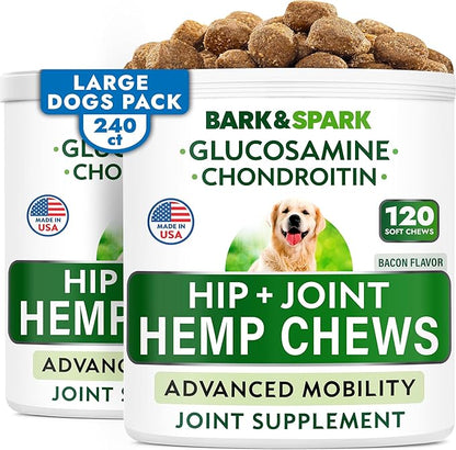Hemp Chews Dogs Hip Joint Pain Relief - Glucosamine Chondroitin Hemp Treats for Joint Health - Dog Joint Supplement Large Breed & Small - Hemp Oil Pill - Canine Vitamin Treat Old Dog (240Ct/Bacon)