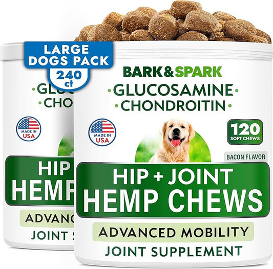 Hemp Chews Dogs Hip Joint Pain Relief - Glucosamine Chondroitin Hemp Treats for Joint Health - Dog Joint Supplement Large Breed & Small - Hemp Oil Pill - Canine Vitamin Treat Old Dog (240Ct/Bacon)