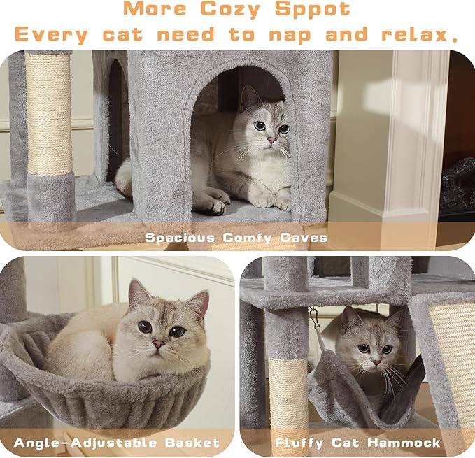 Cat Tree, 70-Inch Cat Tree Tower with Hammock, Scratching Post, Condo and Multi-Level Cat Tower, Large Cat Activity Center Playhouse, Light Gray LCT015
