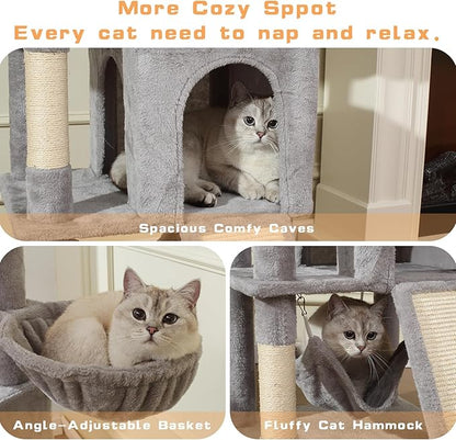 Cat Tree, 70-Inch Cat Tree Tower with Hammock, Scratching Post, Condo and Multi-Level Cat Tower, Large Cat Activity Center Playhouse, Light Gray LCT015