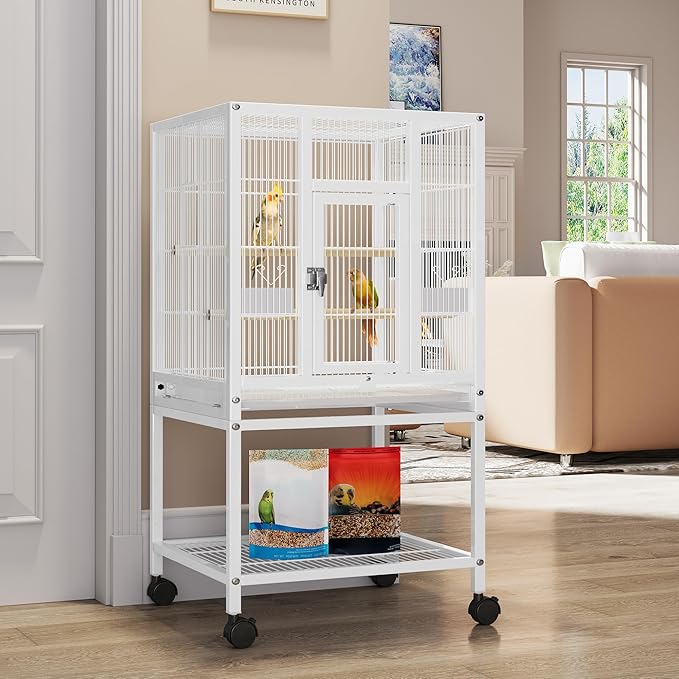YITAHOME 41 inches Metal Bird Cage for Parakeets: Large Parrot Cages with Tray, Food Boxes, and Wooden Perches with Rolling Stand & Brakes for Lovebirds Cockatiels Pigeon Finches, White
