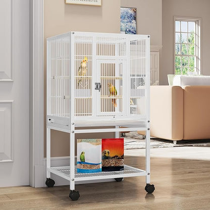 YITAHOME 41 inches Metal Bird Cage for Parakeets: Large Parrot Cages with Tray, Food Boxes, and Wooden Perches with Rolling Stand & Brakes for Lovebirds Cockatiels Pigeon Finches, White
