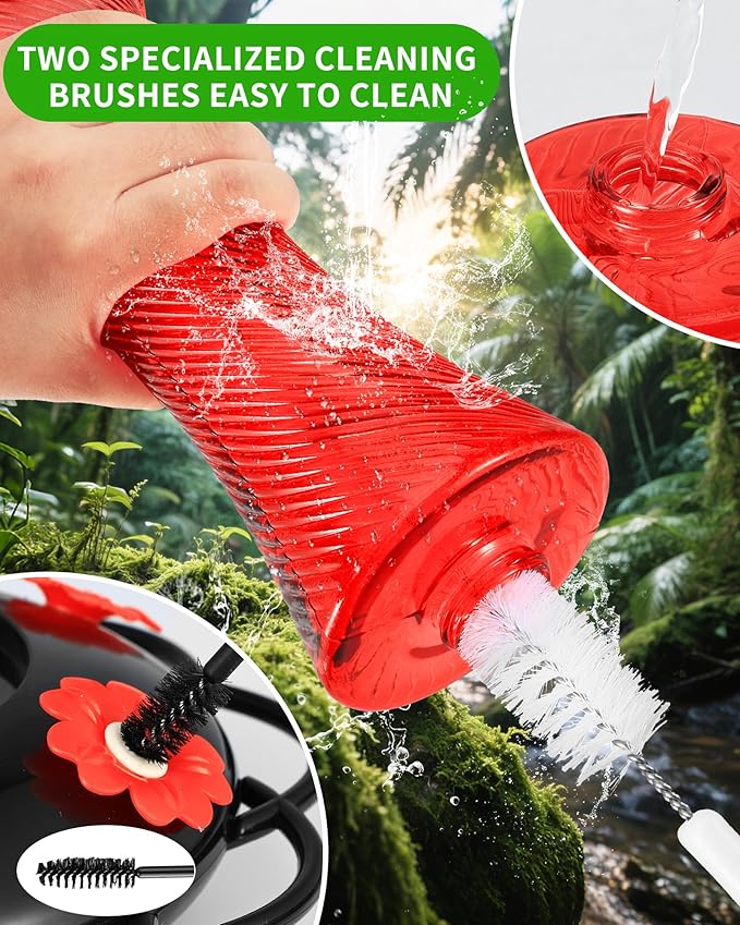 Hanging 20oz Glass Hummingbird Feeder with Moat, Small Outdoor Plastic Bird Feeder, Squirrel Proof, Ants, Outside Water Dispenser for Garden (Red Glass Bird Feeder-2)