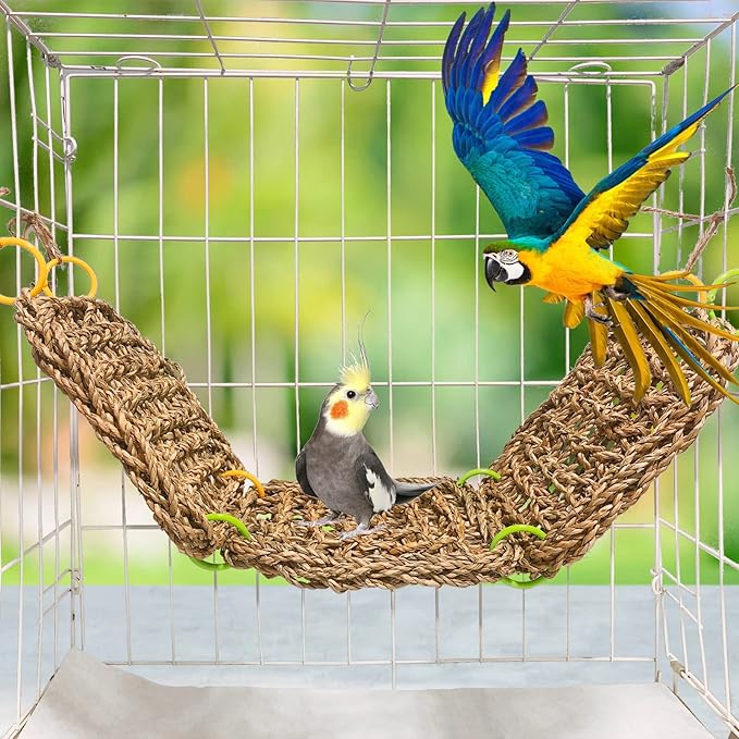 Tfwadmx Large Bird Seagrass Hammock Tent, 3Pcs 9.8x9.8in Seagrass Mat for Birds, Hanging Parrot Toys, Counre House Hut Hideout for Parakeets, Lovebirds, Budgies, Cockatiels