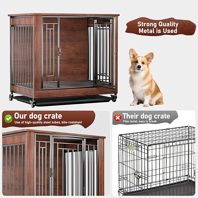 Dog Crate Furniture, 32" Dog Kennel Furniture, Small Dog Kennel Indoor, Dog Crates for Small Dogs, Wooden Dog Crate with Wheels, Tray, Feeding Window