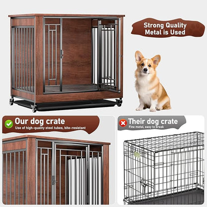 Dog Crate Furniture, 32" Dog Kennel Furniture, Small Dog Kennel Indoor, Dog Crates for Small Dogs, Wooden Dog Crate with Wheels, Tray, Feeding Window