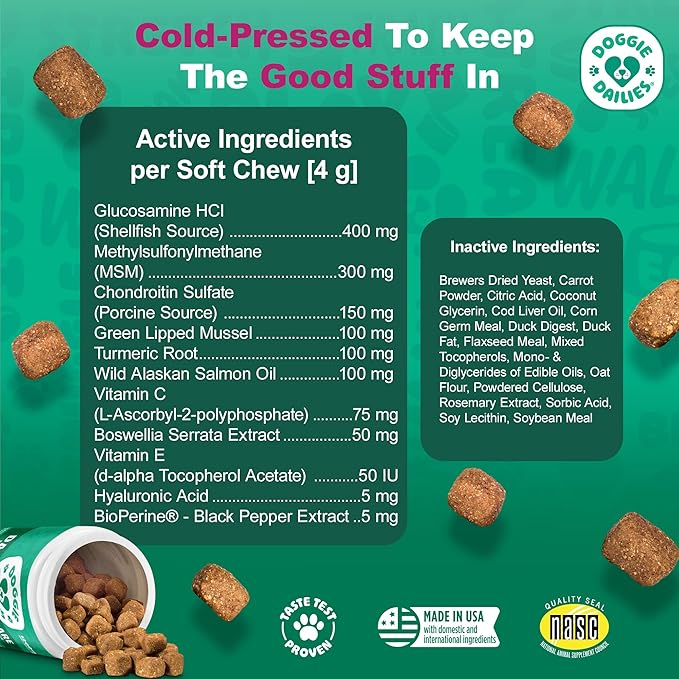 Doggie Dailies, Advanced Senior Hip and Joint Supplement for Dogs, Glucosamine Chondroitin, Premium Hip and Joint Chews for Dogs All Breeds & Sizes, Dog Vitamins and Supplements, (Duck) 120 Chews