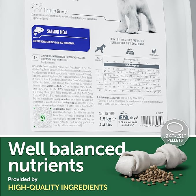 Nature's Protection Superior Care Grain Free Dry Dog Food - Healthy Dog Food for All Breeds Light Coated Dogs - Balanced, Super Premium Dog Food for Junior Dogs - 1 Pack of 22lb Salmon Flavor