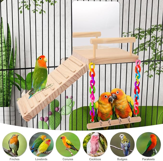 KyoukiBird Perch Platform Bird Toys with Bird Mirror Climbing Ladder Swing, Parakeet Cage Accessories - for Cockatiels, Lovebirds, Budgies,Pacific Parrotlets,Finch,Canaries - Wooden Play Gym