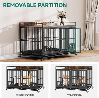 YITAHOME 37.5'' Heavy Duty Dog Crate with Removable Divider, Double Doors & Locks Design, Furniture Style Large Dog Crate with 360° Rotatable Dog Bowls & 360° Wheels & 2 Trays for Small/Medium Dog