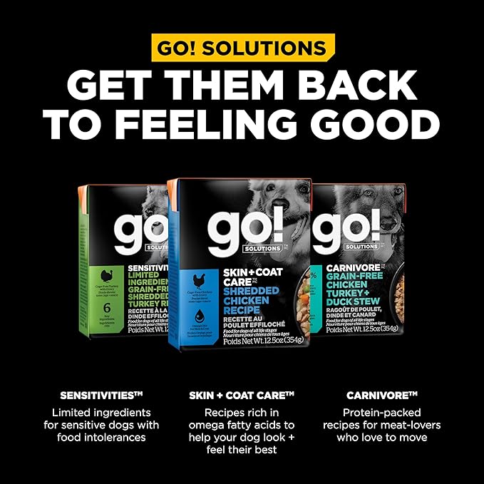 GO! SOLUTIONS Skin + Coat Care Wet Dog Food - Shredded Chicken Recipe with Grains - Complete & Balanced Nutrition for All Life Stages, 12.5 oz (Pack of 4)