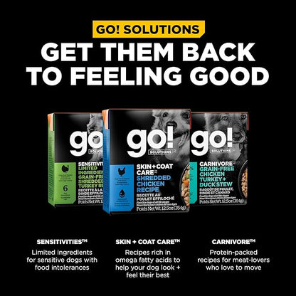 GO! SOLUTIONS Skin + Coat Care Wet Dog Food - Shredded Chicken Recipe with Grains - Complete & Balanced Nutrition for All Life Stages, 12.5 oz (Pack of 4)