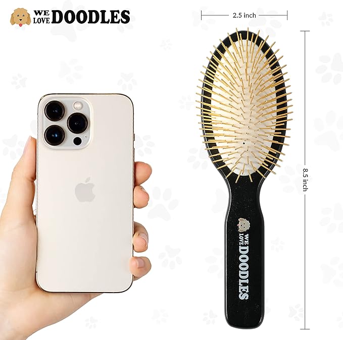 Pet Grooming Detangler Pin Dog Brush For Shedding and Removing Loose Fur, Lightweight Beech Wood with Gold Plated Pins for Long Hair [We Love Doodles]